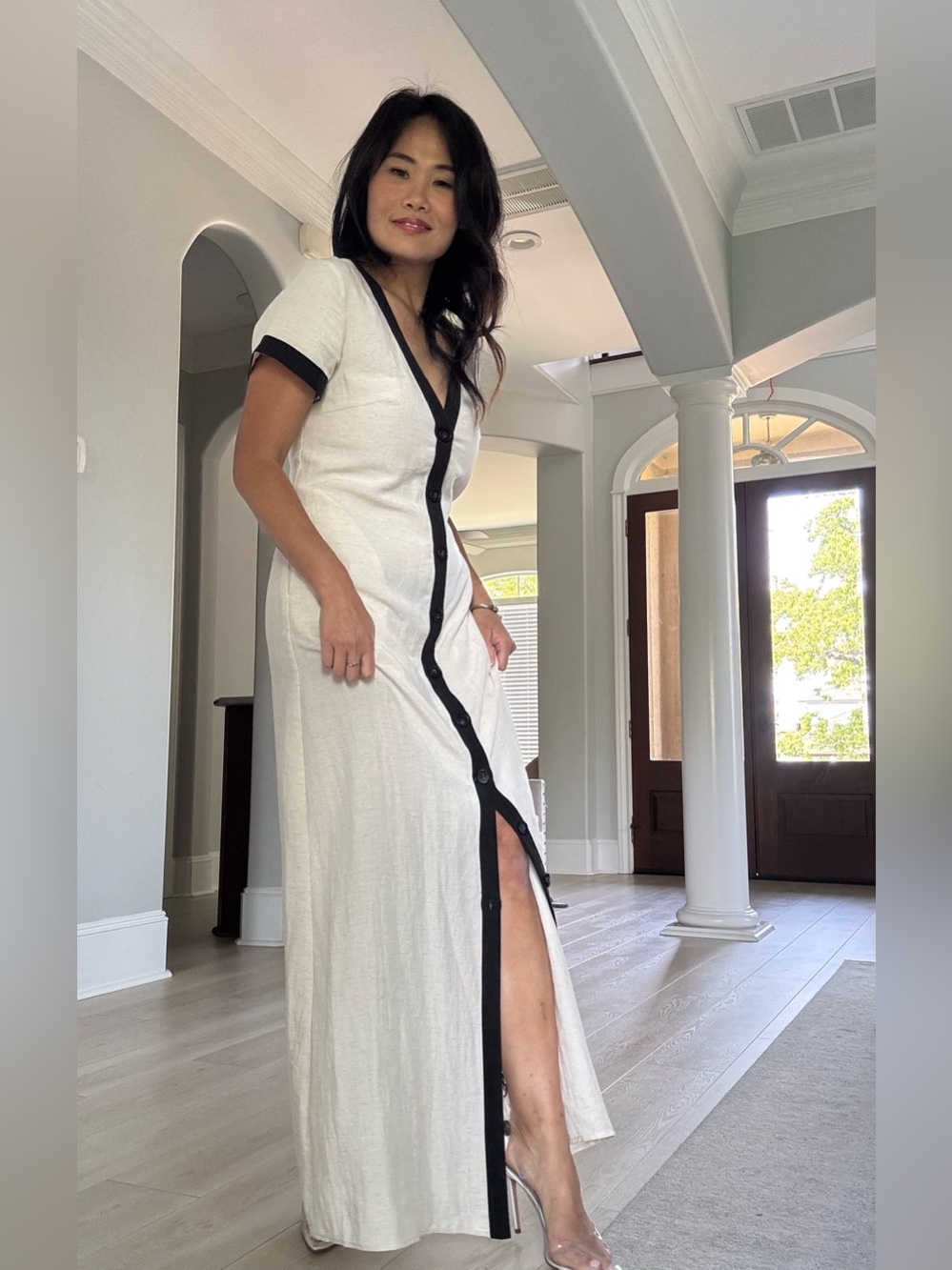 ✨COMMENSE Cotton & Linen High-Slit Contrast Trim Dress Black and White✨ - Picture 7 of 10